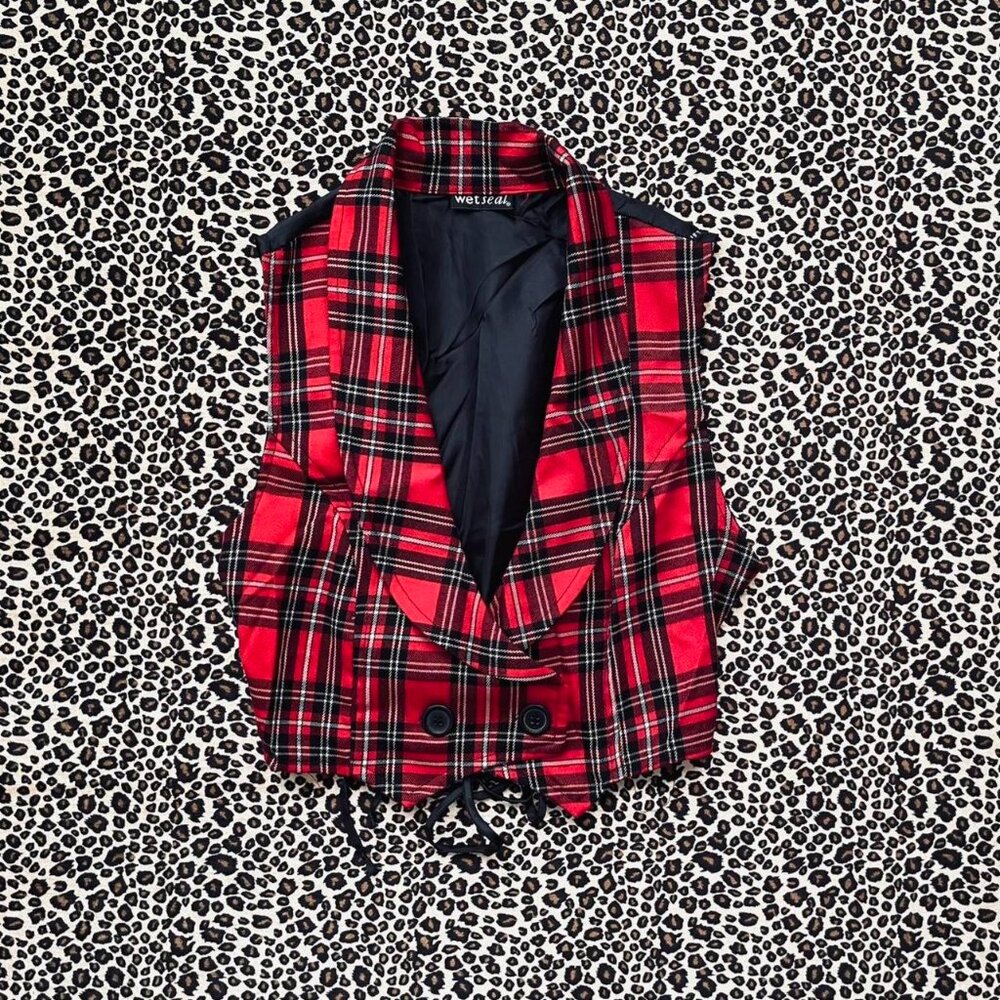 vintage plaid lace-up crop vest - Picture 1 of 6
